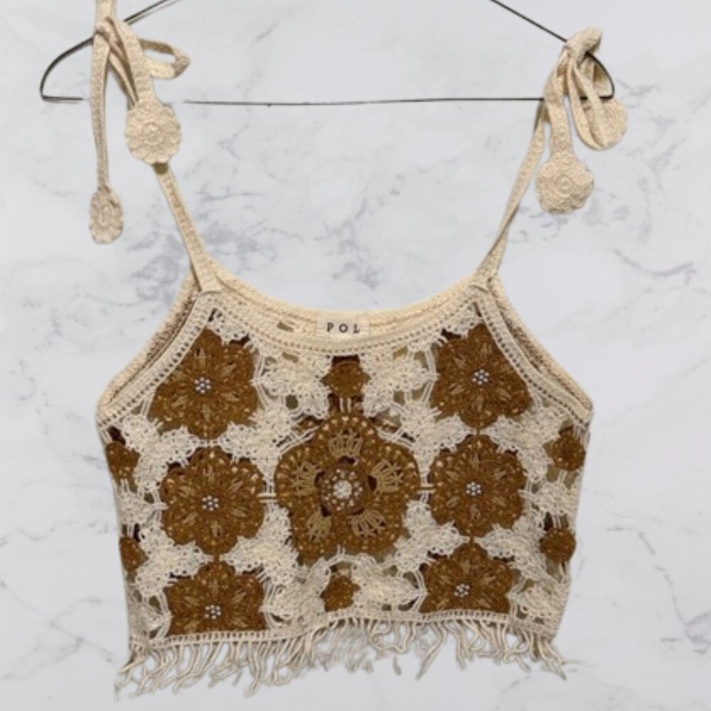 POL NWOT Cami Crochet Fringe Tie Strap Boho Crop Top